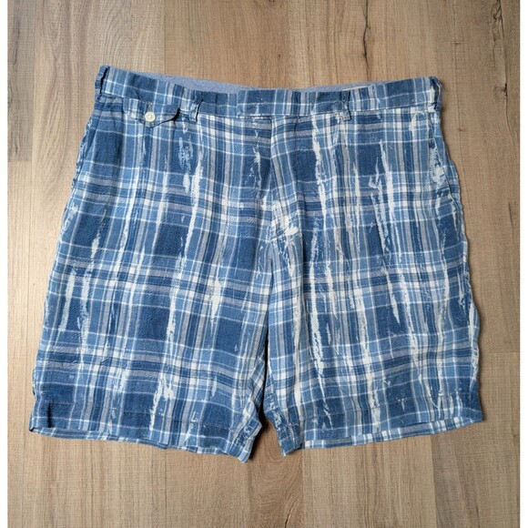 Polo Ralph Lauren Size 36 Indian Madras Plaid Shorts Blue Linen Acid Wash Preppy - Picture 1 of 12
